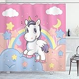 ABAKUHAUS Duschvorhang, Einhorn mit Regenbogen Sternen Mond Kinderfreundlich Wolken im Himmel Lustige Dekorative Grafik, Blickdicht aus Stoff mit 12 Ringen Waschbar Langhaltig Hochwertig, 175 X 200