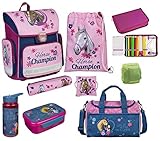 Mädchen Schulranzen-Set 9 TLG. Horse Champion Pferde Rosa Blau | Federmappe | Spirit Dose Flasche und Sporttasche | Reg