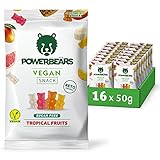 Powerbeärs Vegan - Vegane Gummibärchen ohne Zucker - 16x50g kalorienreduzierte Gummibären - Fruchtgummi Geschmack: Tropische Frü