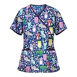 LLPPP Damen-Arbeitsuniform Kurzarm T-Shirts V-Ausschnitt Tops Teenager Mädchen Casual Nursing Tops mit Taschen Niedlich Bedrucktes Kurzarm T-Shirt Druck Urlaub Shirt Blusen, dunkelblau, Larg