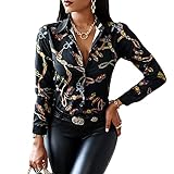 Yassiglia Damen-T-Shirt Elegant Slim mit V-Ausschnitt Langarmshirt in kontrastierender Farbe Top Damen mit Aufdruck hoher Taille, Schwarz , M