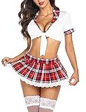 Avidlove Frauen Schulmädchen Dessous Cosplay Dessous Set mit Krawattenoberteil und Minirock(Weiß，S)