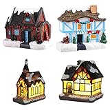 Harilla 4X Harz Mini Weihnachtshaus LED Miniatur Dorf Desktop Dek