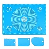 70x50cm Backunterlage Antihafte Backmatte, rutschfeste Silikon Groß Teigunterlage Ausrollmatte Silikonmatte Fondant Pizza Teigmatte Fondant Matte mit Messungen, Baking Mat mit Teigschneider(Blau)