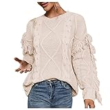 DUQIU Frauen Quaste Pullover Boho Elegante Strickpullover Tops Weiche Bequeme Pullover Pullover Lose Rundhals Strick Tops Herb