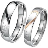 JewelryWe Schmuck 1 Paar Edelstahl Love Herz Partnerringe Freundschaftsringe Eheringe Trauringe Verlobung Ringe Band, Schwarz Gold Silber, mit Geschenk Tü