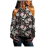 Damen Off Shoulder T-Shirts Pullover Casual Frohe Weihnachten Print Aushöhlen Langarm Bluse Shirt Top Slim F