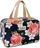 Kulturbeutel für Frauen Tragbare Kosmetiktasche Große Waschbeutel Toilettenartikel Aufbewahrungstasche wasserdichte Blumen-Schminktasche für Mädchen Damen (Navy Rose)