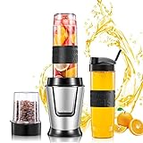 Standmixer 500W, Mini Smoothie Maker 2 In 1 Mixer und 280 ml Bohnenmühle Klingen aus Edelstahl, inkl 2 Stück 570 ml BPA-Freie Tritan Sp