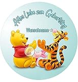 Für den Geburtstag ein Tortenbild mit Wunschname, Zuckerbild mit dem Motiv: Winnie Pooh, Essbares Foto für Torten, Fondant, Tortenaufleger Ø 20cm, 0567w