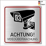 Achtung Videoüberwachung Schild (20x20 cm Alu) - Gebürstets Aluminium - Warnschilder und Hinweisschilder - Videoüberwacht Schilder (Metall) - V2