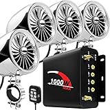 Aileap 1000W 4 Kanal Motorrad Verstärker 4'Full Range Wasserdicht Bluetooth Motorrad Stereo Lautsprecher Audio System mit AUX USB SD FM Radio für 1-1.5' Lenker Harley Cruiser ATV UTV (Chrom, Fan)