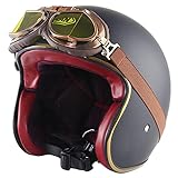 Letetexi Vintage Adult Unisex Jet Helm mit schutzbrille ECE-zertifizierter 3/4 Offener Sturzhelm Adults Unisexs Retro Vintage Style für Cruiser Chopper mopeds Scooter (55~64CM)