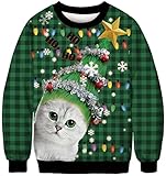 Ocean Plus Herren Digitaldruck Pulli Creww Neck Halloween Thema Sweatshirt Weihnachten Unisex Langarm Pullover (L (Brustumfang: 112cm), Weihnachtsmütze Katze)