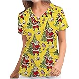 TRIGLICOLEUM Schlupfkasack Damen Weihnachtliche Krankenschwester Tunika Bunte Motive Pflege Tunika Schlupfhemd mit V-Ausschnitt Kurzärmeliges T-Shirt Krankenpflegeuniform mit T