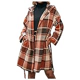 MOKBAY Damen Winter Casual Lose Plaid Mittellanger Gürtel Mit Kapuze Windbreaker Jacke Plaid Tweed Mantel Sweatshirt Mädchen Frauen Teenager Casual Top Shirts Langarm Jacke Streetwear M
