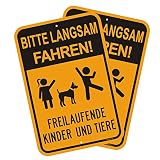 Goodvia Achtung Kinder Und Tiere Schild (45 * 30 cm Aluminium) - Warnschild Spielende Kinder - Bitte Langsam Fahren - Wetterbeständig, Wasserdicht, Haltbare Tinte, Einfach zu Montieren, 2 Stück
