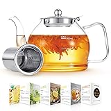 Glas-Teekanne, Glas-Teekanne mit herausnehmbarem Teesieb, 1.2 l, klare Teekanne für blühenden Tee, losen Tee, blühende Teekanne, Geschenk-Set, Skala, sichere Abdeckung, Teebrauer G