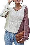 Jiraewh Damen Strickpullover Rundhals Farbblock Casual Schulterfrei Pullover Strickpulli Oversize Sweatshirt Outwear (4019-Aprikose, XL)