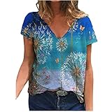kjhg Damenbluse BasicTop Bluse Frauen Casual U-Ausschnitt Lose Oberteil 3/4-Ärmel Chiffon Bluse Shirt Plus Size V T-Shirts, blau, S