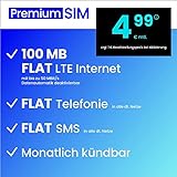 Handyvertrag PremiumSIM LTE All 100 MB - monatlich kündbar (FLAT Internet 100 MB LTE mit max. 50 MBit/s mit deaktivierbarer Datenautomatik, FLAT Telefonie, FLAT SMS und EU-Ausland, 4,99 Euro/Monat)