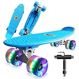 Saramond Skateboards Komplette 55cm Mini Cruiser Retro Skateboard für Kinder Teens Erwachsene Anfänger, Bunte LED-Räder mit All-in-One Skate T-Tool für Schule und Reisen (hellblau)