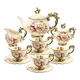 fanquare 15 Stück Rose Blumen Englische Keramik Tee Sets, Vintage China Kaffee Set, Tee Service für Erw