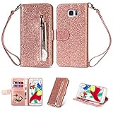 CTIUYA Schutzhülle für Samsung Galaxy S7 Edge, Handyhülle Ledertasche Glitzer Leder Hülle Case Magnet Luxus Klapphülle Etui mit Kartenfach Flip Handytasche für Samsung Galaxy S7 Edge,Rose G