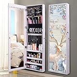 ZL Wall Mounted Schmuck Armoire Aufbewahrungskiste Platz sparend, Blau und Weiß Elk Abdeckung Built-in Großer Spiegel Make-up Organizer Schrank, abschließbar, Samtfütterung