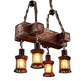 ZMLG Retro Pendelleuchte Industrielle Loft Bar Holz Hängeleuchte 4 Lichter, Wohnzimmer Esszimmer Schlafzimmer Studie Kronleuchter Vintage Antik Metall Glas Holz Dekorativer Hängelamp