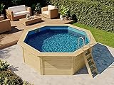 POOLCREW Holz Pool 8 Eck Rund aus Massivholz, Swimmingpool, Schwimmbecken, Aufstellpool inkl. Leiter und Folie 400 x 400 x 124