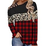 GFGHH Damen Blusen T-Shirt Schulterfrei Bluse Tunika Oberteile Tops Lose Elegant Basic Sexy Tshirt Pullover Langarm Leopard Kariert Print Sweatshirt Casual Loses Rundhals Langarmshirts Locker H