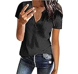 Damen V-Ausschnitte Bluse Kurzarm Sommerbluse Oberteile T-Shirt Lose Tunika Shirt Waffel Strick Hemdbluse Elegant Sommershirts Damenblusen (Schwarz, L, l)