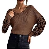 Orgrul Pullover Damen 2021, Leopard Langarm Patchwork Lose Strickpullover Tops Lässige Weiche Warme Pullover Bluse (M, Kaffee)