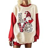 TRIGLICOLEUM Fleece Pullover Damen Weihnachten Plüsch Oberteile Langarmshirt Farbblock Teddy-Fleece Sweatshirt Love Drucken Gnom Motiv Langarm Tops Weihnachten Kleidung Fuzzy Fluffy Jumper B