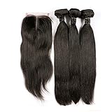 BLISSHAIR 3 Bündel mit Lace Closure, 9A Echthaar Haarverlängerung Straight Gerade Brasilianisches Virgin Remy Hair Weave mit 4x4 Machine Closure(8 8 8+8 Inch)