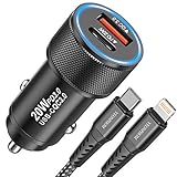 YEONPHOM 20W Auto Ladegerät USB C mit MFi Zertifiziert USB-C auf Lightning Kabel,PD&QC3.0 Schnell Metall Kfz Ladegerät USB Zigarettenanzünder Adapter für iPhone 12 Pro Max/Mini/11 Pro Max/XS Max/XR/X
