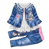 Frühling Herbst Little Girls Kleidungsset 3 Stück Langarm T-Shirt Jeansjacke und Jeans (2-3J, Weiß)