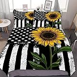 Sonnenblumen-Bettwäsche-Set, amerikanische Flagge, Retro-Streifen, Sterne, Bettbezug, 3-teilig, weicher Bettdeckenbezug, mit 2 Kissenbezügen, personalisiertes Bettbezug-Set (Queen-Size)