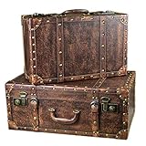 QiHaoHeji Vintage Aufbewahrungsbox alte dekorative Holzkiste PU-Leder Komplex Set von 2 Weinkoffern Schatztruhe Schmuck Organizer Koffer, holz, braun, Large+