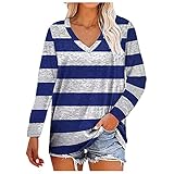 Xmiral Damen Langarm Bluse mit V-Ausschnitt Tuniken Grund Gestreift Beiläufige Lose T-Shirts Herbst Langarmshirt(a Blau,XL)