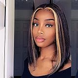 PORSMEER Bob Perücke Damen Kurze Schwarz mit Blond Glatt Ombre Perücken für Afro Frauen Natürlich Synthetisches Haar Straight Glueless Wig Party Kostü