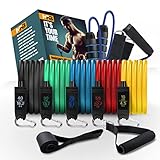 MF Bonega Widerstandsbänder Set – 5 Resistance Bands – Fitnessbänder + Schaumgriffe, Türanker, Übungsanleitung, Springseil & Fuß