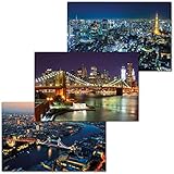GREAT ART® Set mit 3 Poster – Städte bei Nacht – Japan England London Brooklyn Tokyo City Lichter Foto-Plakat Dekor Wand-Bild Inneneinrichtung (Din A2 - 42 x 59,4)