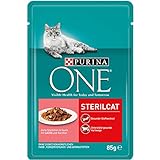 PURINA ONE STERILCAT Katzenfutter nass, zarte Stückchen in Sauce für sterilisierte Katzen, mit Lachs, 24er Pack (24 x 85g)