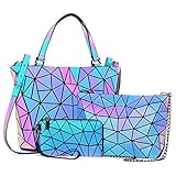 LOVEVOOK Handtasche Set Damen, Geometrische Holographic Taschen, 3pcs Umhängetasche Henkeltasche Geldbörse PU Leder, Leuchtende Schultertasche, Beste Geschenk für Frauen, A-3 S