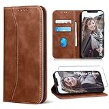 ivencase Handyhülle Kompatibel mit iPhone 12 Mini Hülle und Panzerglas Luxus PU Leder Tasche Flip Case Standfunktion Kartenfächer und Magnet Klappbar Stoßfeste Schutzhülle - B