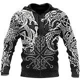 YABEME Herren Wikinger Rune Odin Wolf Tattoos Reißverschluss Kapuze, 3D Print Celtic Wolf Jacke Sweatshirt Langärmelige Heidnische Kleidung,Zip,XXL