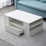 37' Couchtisch Beistelltisch Weiß Hochglanz Modern 2 Etagen Spanplatte Sofatisch Kaffeetisch Stabil Teetisch Wohnzimmermöbel mit schublade für Wohnzimmer Balkon F