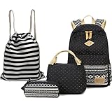 4 Teile Set Causal Rucksack Freizeitrucksack Daypacks Backpack, Rucksack Schule/Schulranzen +Schultertasche /Messenger Bag +Geldbeutel Mäppchen + Leinwand Kordelzug Turnbeutel (schwarz-06)